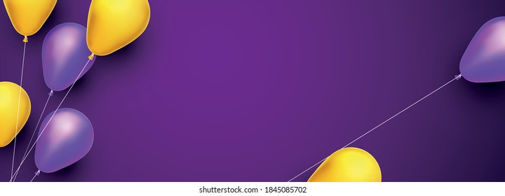 Yellow and violet balloons with threads on purple background. Space for text. Vector festive illustration.