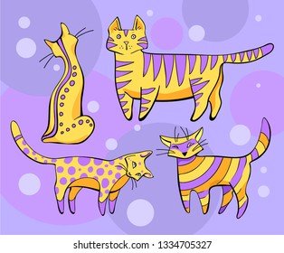 yellow - violet cats on a lilac background
