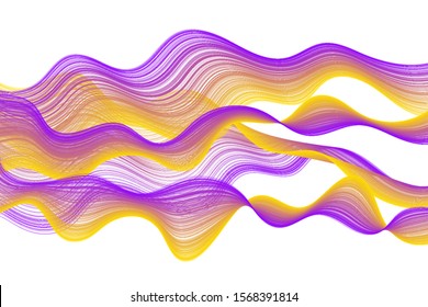 Yellow violet curve lines waves ripple vector background design. Colorful wavy ripple, violet purple and yellow curves, line waves fluid motion on white background. Modern abstract ribbons design.