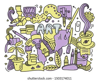Yellow and violet doodle detailed Art background with set of different painting,drawing and crafts equipment(brushes,pens,pencils etc) and stationary.Print for art classes,banner,poster,creative card