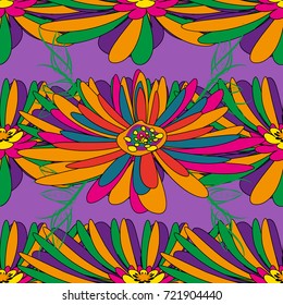 Yellow, violet and green background with flowers pattern. Vector floral seamless pattern.