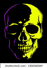 Yellow and violet human skull, vector skull in the darkness.