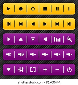Yellow and violet media control navigation panel with drop shadow on gray and black strip background. This vector illustration created and saved in 10 eps