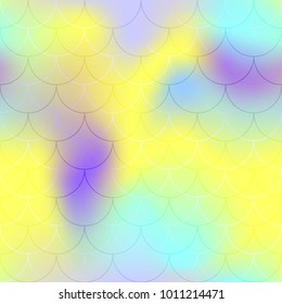 Yellow violet mermaid scale vector background. Bright iridescent background. Fish scale pattern. Seamless pattern swatch. Holographic gradient seamless pattern. Abstract backdrop. Mermaid skin texture