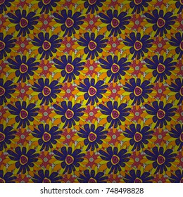 Yellow, violet and neutral vector illustration. Floral illusion seamless pattern.