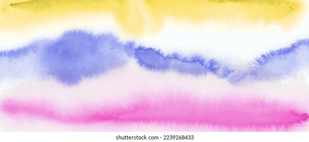 Yellow, violet, pink watercolor abstract background, form, design element. Colorful hand painted texture, wash. Abstract clouds, sea, water texture. 