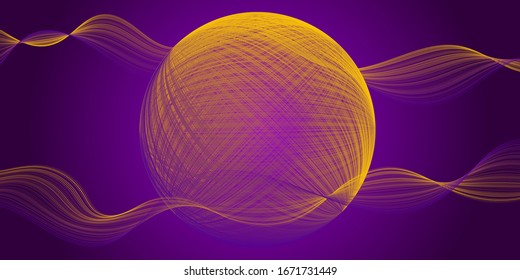 Yellow violet tech party poster background with 3d sphere shapes and fluid waves lines flowing. Vector banner. 3d circle, waves curve lines texture flowing ribbons. Tech party design.