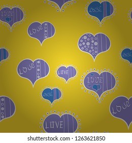 Yellow, violet and white Vector illustration. Valentines Day. Seamless pattern with Ethnic Hearts, in retro 80s style for fabric print, paper print and website backdrop.