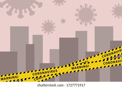 Yellow virus lockdown barrier tape over city silhouette. Pandemic. Biohazard warning sign. Stock vector illustration.