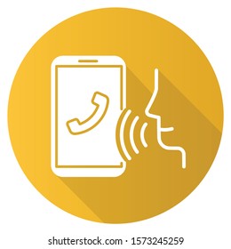Yellow voice dialing flat design long shadow glyph icon. Smartphone call idea. Voice control, speech recognition. Phone conversation. Cellphone function, dialogue. Vector silhouette illustration