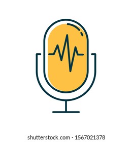 Yellow voice recording process color icon. Sound recorder idea. Soundwave, waveform, speaker. Speech signal, voice message accessory. Voice recording equipment. Isolated vector illustration