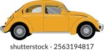 Yellow Volkswagen Beetle car. Classic style, detailed study of the car, body, wheels. Vector, illustration