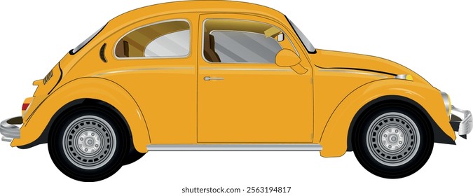 Yellow Volkswagen Beetle car. Classic style, detailed study of the car, body, wheels. Vector, illustration