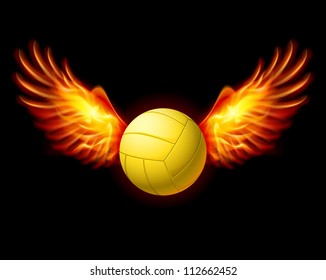 Yellow Volleyball Emblem with Fire Wings. Illustration on black