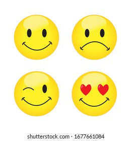 Yellow volumetric emoticons with different emotions. Beautiful emoticons, buttons. Vector illustration. Stock Photo.