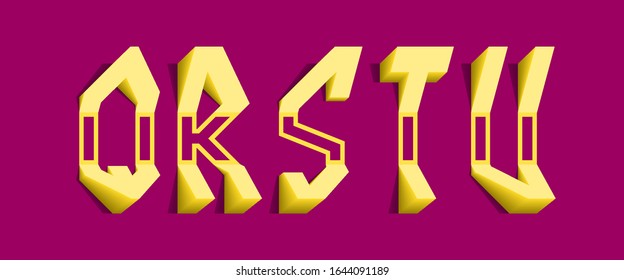 Yellow volumetric Q, R, S, T, U letters. Freaky 3d font.