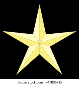 Yellow volumetric star with five rays on a black background. Vector isolated image.