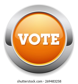 Yellow vote button with metal border on white background