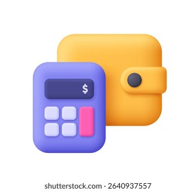 Yellow wallet and a purple calculator with a dollar sign on the screen. Budget, financial planning, accounting, expenses and savings concept. 3d vector icon. Cartoon minimal style.