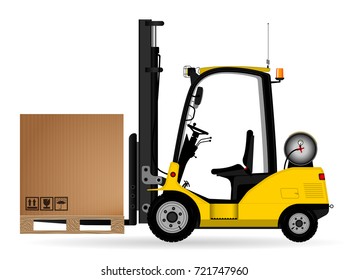 Yellow warehouse forklift with a cardboard box on the pallet. Side view. Warehouse, delivery and transportation of goods. Side view.