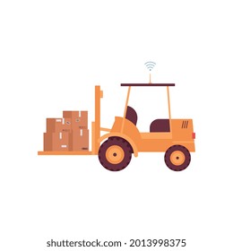 Yellow warehouse forklift carrying cardboard box stack - isolated cargo loader with internet connection. Modern industrial transport, flat vector illustration.