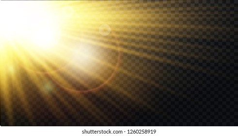 Yellow warm light effect, sun rays, beams on black background. Vector illustration.