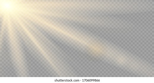 Yellow warm light effect, sun rays, beams on transparent background. Vector illustration.