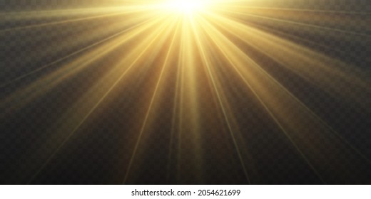 Efecto cálido amarillo, rayos solares. Brillante estrella. Rayo de sol sobre un fondo transparente. Elemento de decoración. Desenfoque a la luz de la radiación. La luz blanca brillante explota. Ilustración vectorial.