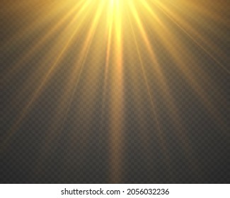 Efecto cálido amarillo, rayos solares. Brillante estrella. Rayo de sol sobre un fondo transparente. Elemento de decoración. Desenfoque a la luz de la radiación. La luz blanca brillante explota. Ilustración vectorial.