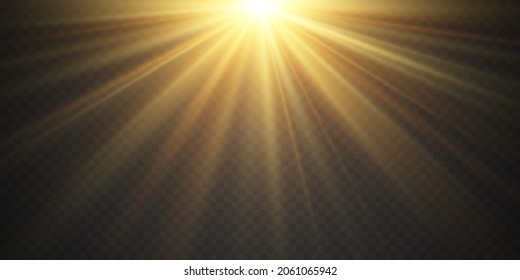Yellow warm light effect, sun rays. Bright star flash. Sunbeam on a transparent background. Element of decor. Blur in the light of radiance. White glowing light explodes. Vector illustration.