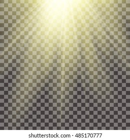 Yellow warm light effect, sun rays, beams on transparent background. Vector illustration.