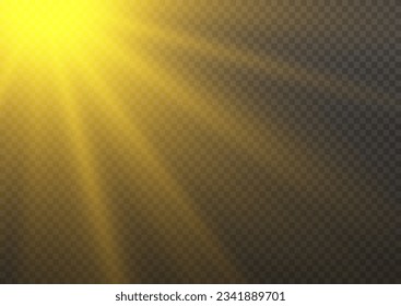 Yellow warm sun rays, beams on transparent background. Vector blur in radiance light. Sunlight translucent special light effect design. Transparent sun light, lens flare special effect.