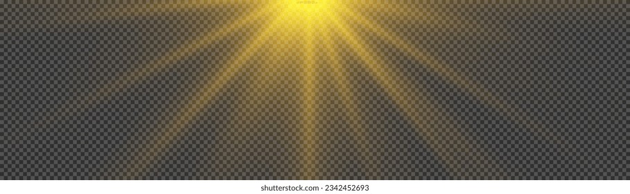 Yellow warm sun rays, beams on transparent background. Vector blur in radiance light. Sunlight translucent special light effect design. Transparent sun light, lens flare special effect.