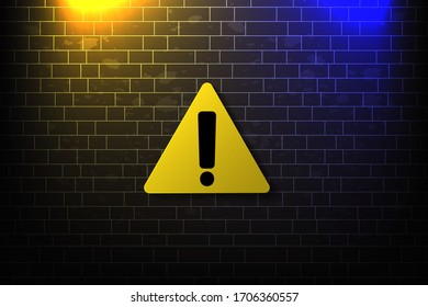 Yellow Warning Dangerous attention icon. danger symbol on black brick wall in the dark background vector illustration.