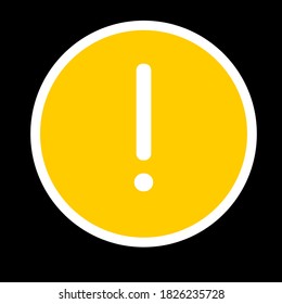 Yellow warning exclamation mark circle on black background for danger, uncertainty, and stopping, decision making concepts.