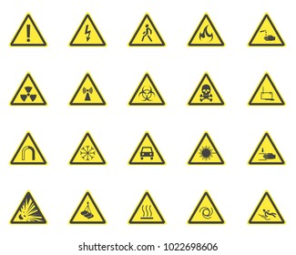 Yellow Warning Hazard Signs Set Symbol of Danger, Radiation, Chemical, Flammable and Voltage. Vector illustration of Sign