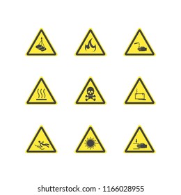 Yellow Warning Hazard Signs Set Symbol of Danger, Radiation, Chemical, Flammable and Voltage. Vector illustration of Sign Object