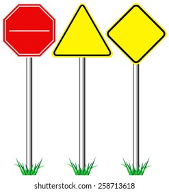 Yellow warning information and red stop road signs with grass isolated on white background