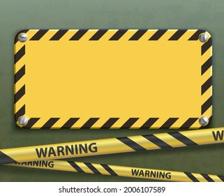 Yellow warning metal plate with black stripes for message. Vector mockup
