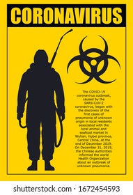A yellow warning poster about the coronavirus with the silhouette of a man in chemical protection. Coronavirus vector illustration.