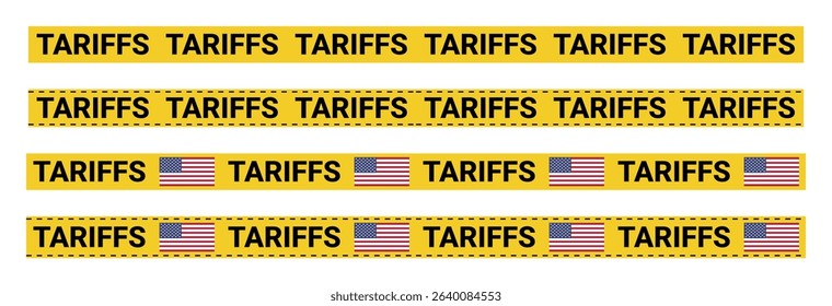 Yellow warning seamless tape with repeated word tariffs bold black text pattern banners economic trade regulation conflict protest concept design vector illustration, transparent background