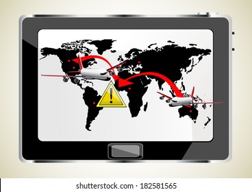 yellow warning sign of bad weather ahead against world Map