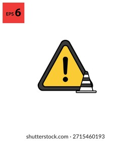 Sinal de aviso amarelo com ponto de exclamação e cone de trânsito