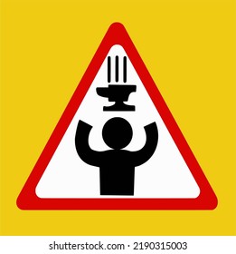 A yellow warning sign featuring a falling anvil and a person, indicating a  Danger falling objects sign illustration vector
