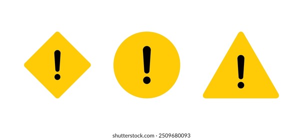 Yellow warning sign icon set in flat style. Danger caution symbol