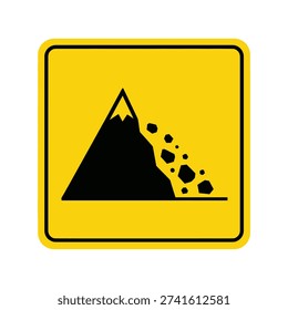 Yellow warning sign indicating a falling rocks or avalanche danger in a mountainous area