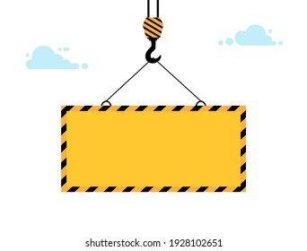 Yellow warning sign lowers crane on winch. Warning sign with blank space for text. Vector Illustration construction sign isolated on white.