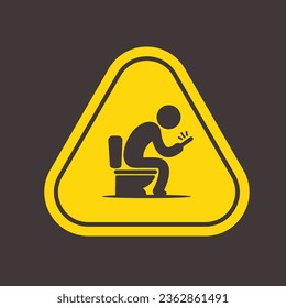 Yellow warning sign showing icon of a man using a smartphone, sitting on a toilet seat vector illustration isolated on white