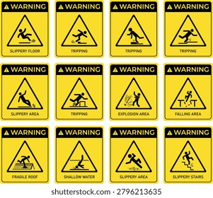 Yellow Warning Signs Collection Vector illustrations of various hazard symbols for slippery floors, tripping, falling, explosion, fragile roof, and shallow water safety.