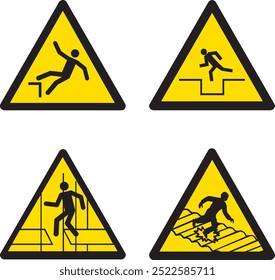 Yellow warning signs set for slip, trip, and fall hazards.